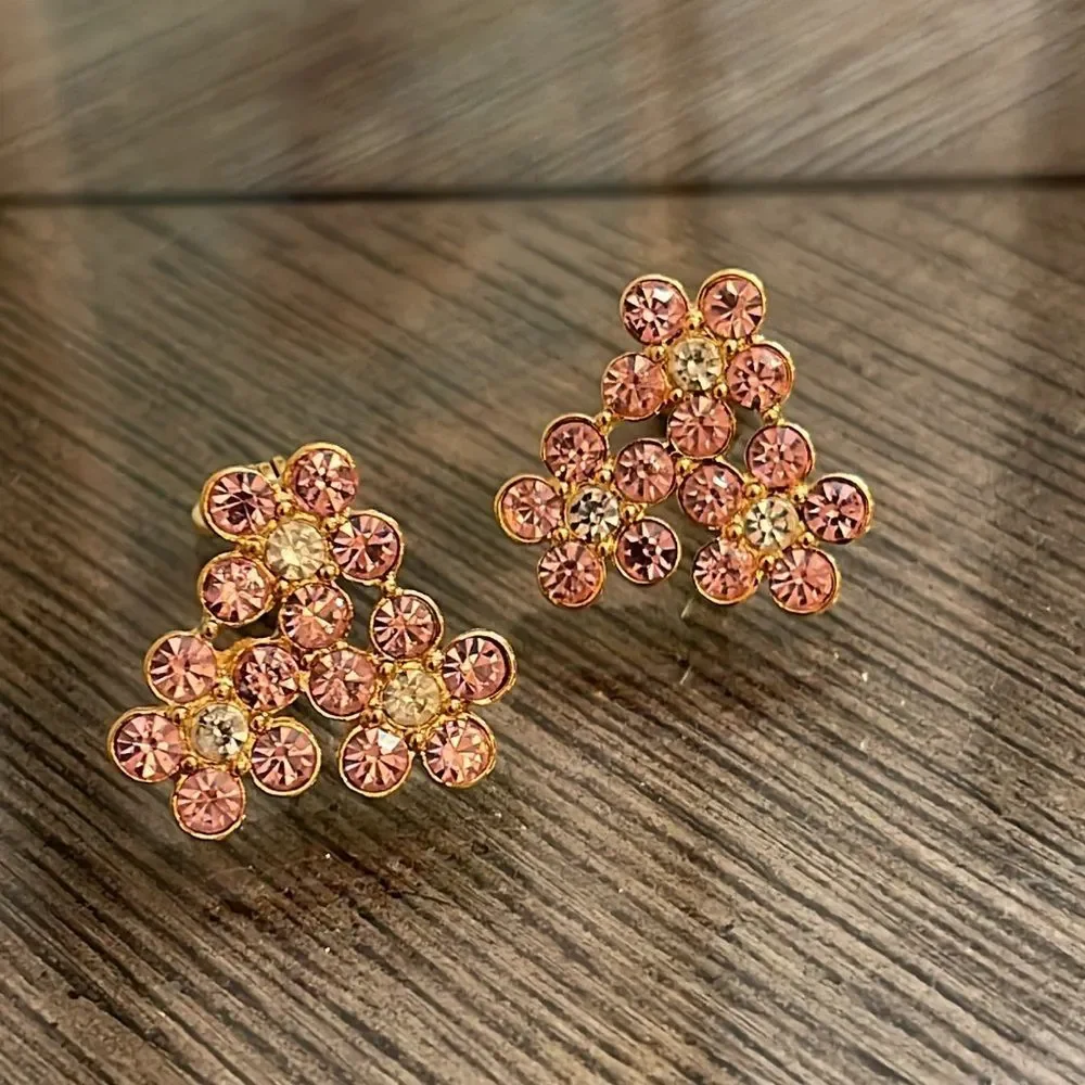 Vintage Monet Pink Cluster Rhinestone Clip Earring - Gold-tone